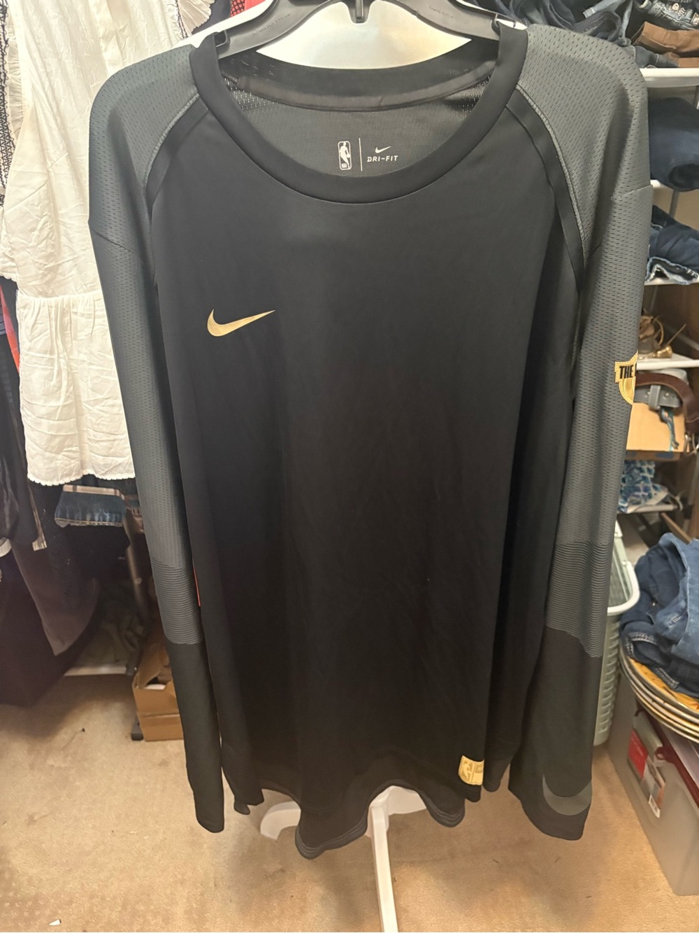 NBA Nike Long-Sleeve NBA Shooting Shirt - Black with Gray and Gold Accents